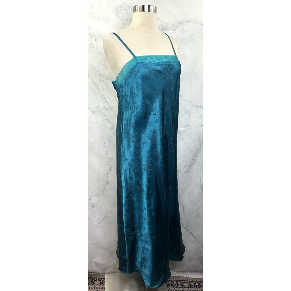 Vintage Nightgown Slip Dress M L Nightie Satin TEAL Blue BROCADE Whimsical fairy - Picture 11 of 14